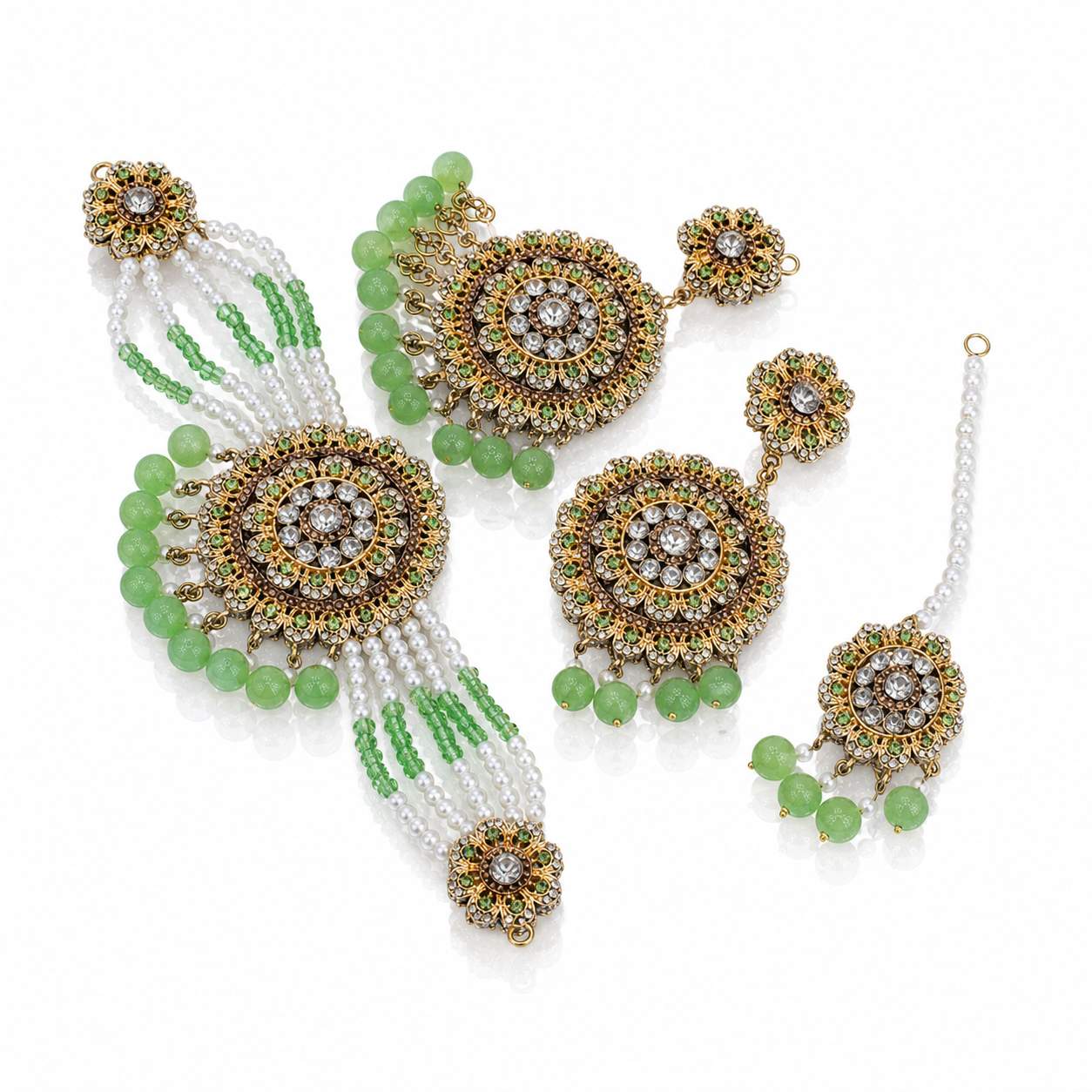 Blush Pink Meenakari Chandbali Haath Phool Set - mandala disc with rose pink crystal and pearl strands
