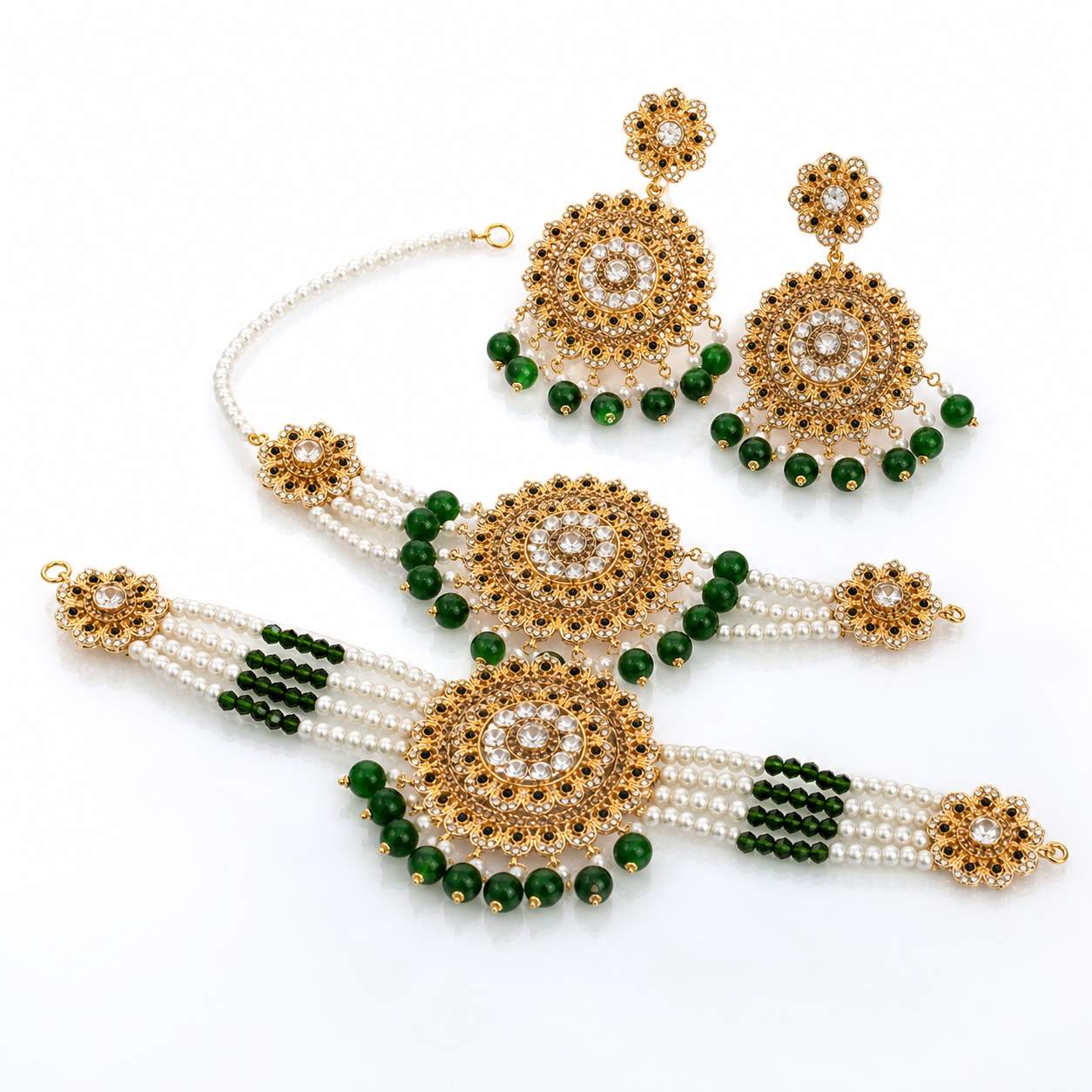 Teal Blue Meenakari Chandbali Haath Phool Set - mandala disc with teal crystal and navy meenakari beads