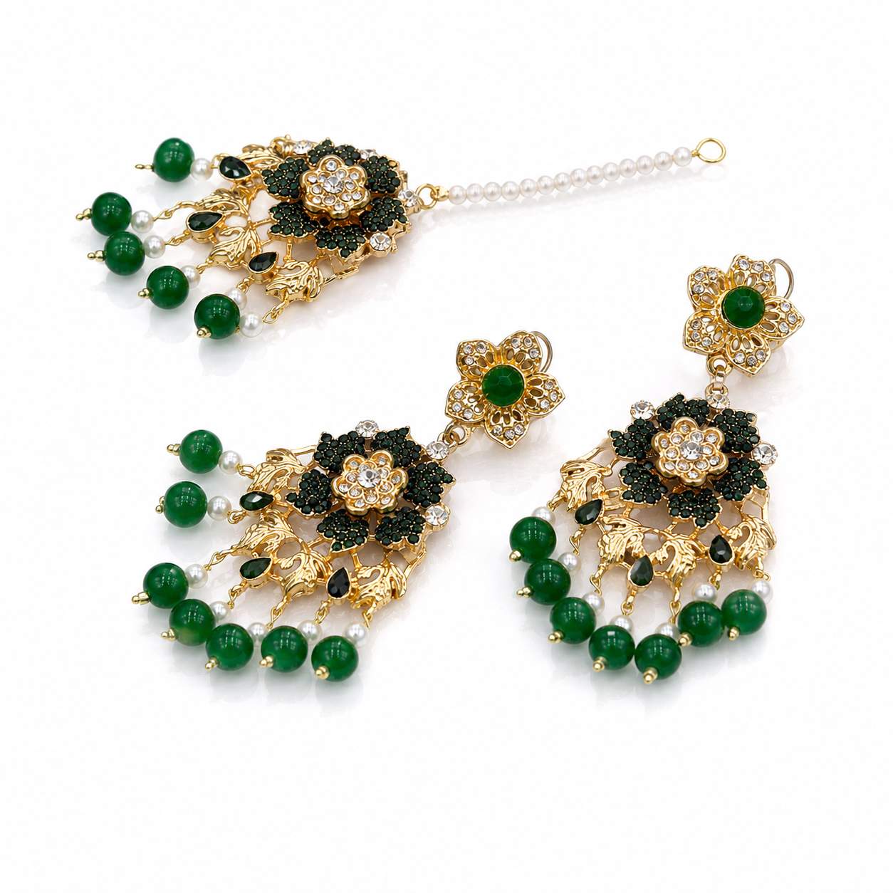 Dark Green Floral Rhinestone Chandbali Earring and Maang Tikka Set - emerald green bead fringe with gold floral disc