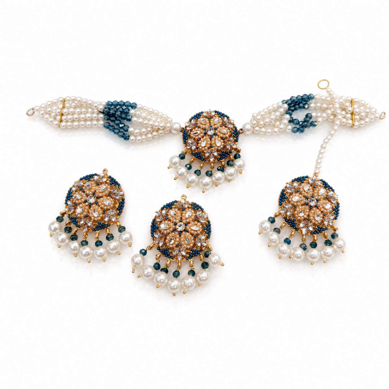 Kundan Dome Jhumka Set - maang tikka on pearl chain with matching dome disc