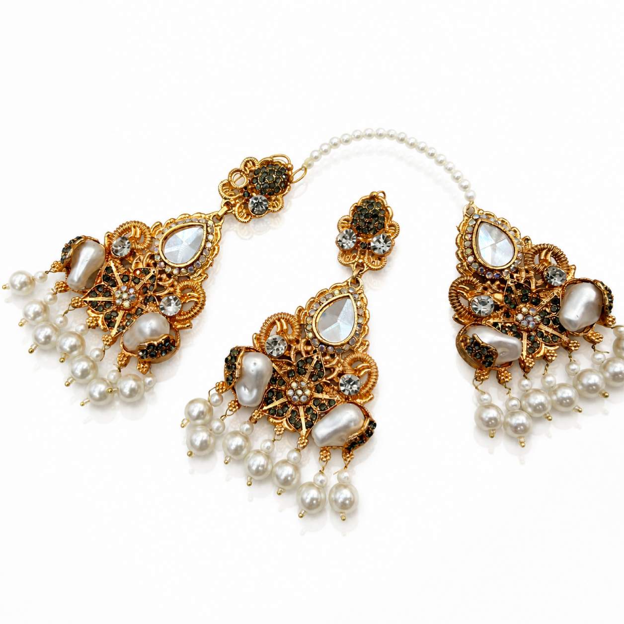Kundan Pearl Chandbali Set - detail of rhinestone setting and bead fringe drops