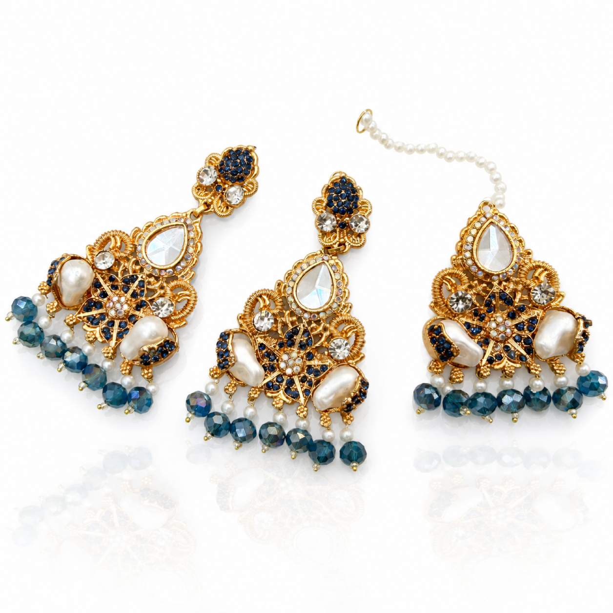 Kundan Pearl Chandbali Set - side angle showing filigree disc and pearl chain maang tikka