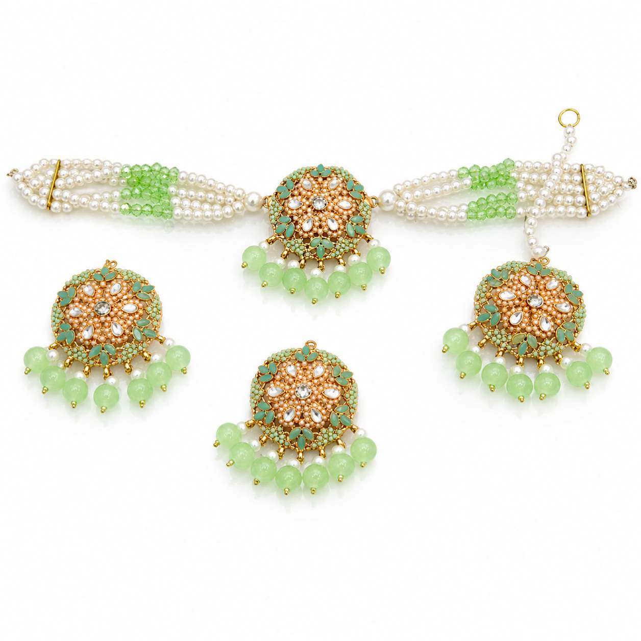 Kundan Dome Jhumka Set - side angle showing bead fringe drops and choker bracelet clasp