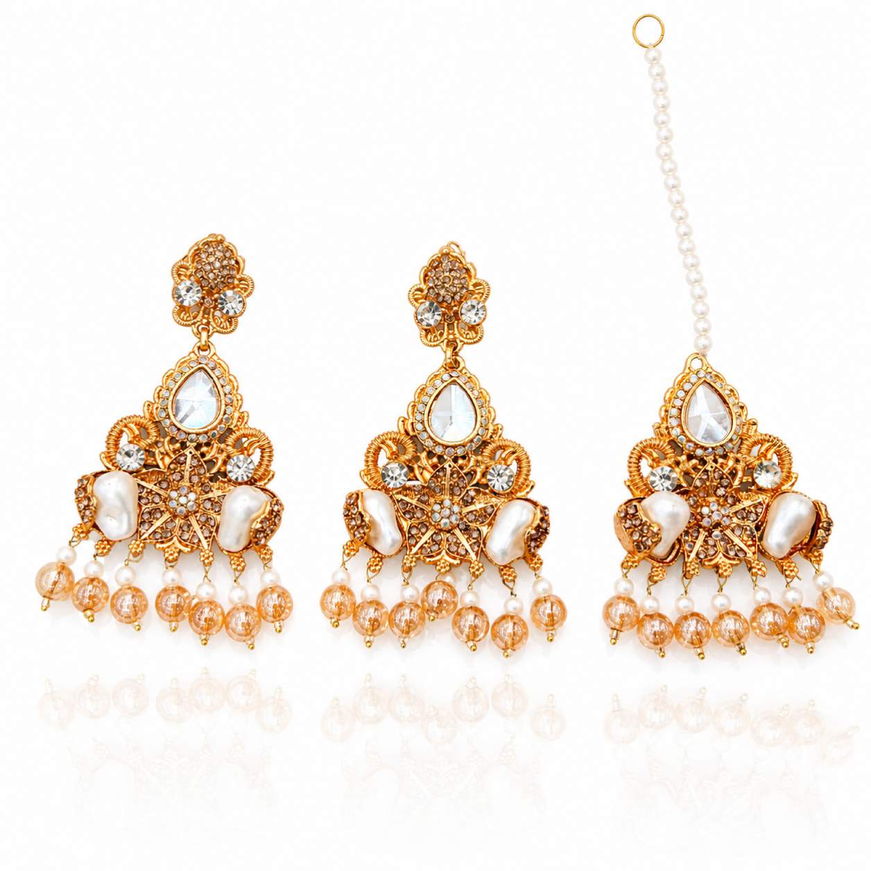 Multi Rainbow Kundan Pearl Chandbali Earring and Maang Tikka Set - multicolour crystal beads with white pearl drops