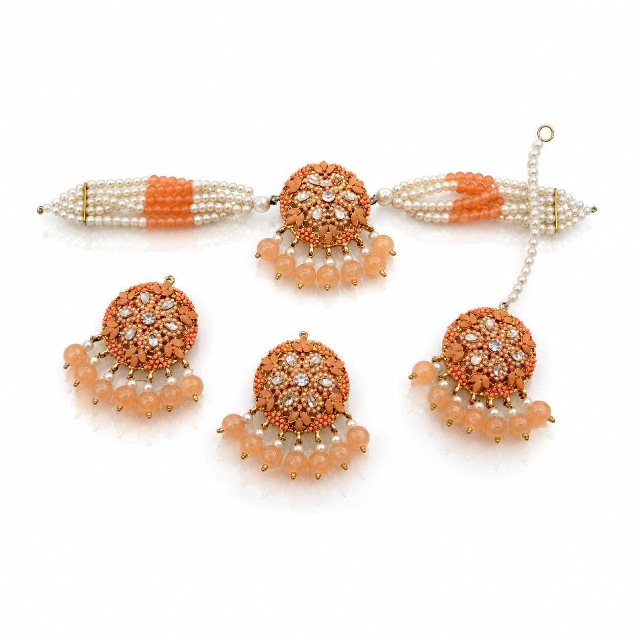 Blush Pink Kundan Dome Jhumka Choker Bracelet and Maang Tikka Set - pink meenakari dome with pearl and pink bead choker