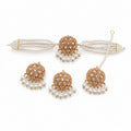 Mint Green Kundan Dome Jhumka Choker Bracelet and Maang Tikka Set - mint green meenakari dome with pearl and mint bead choker
