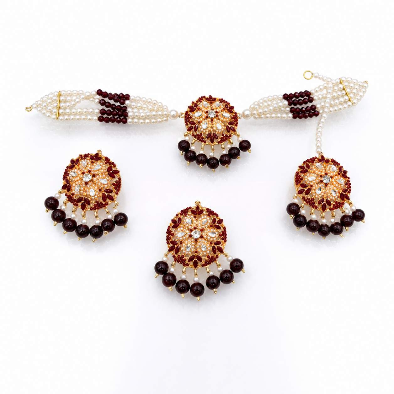 Champagne Gold Kundan Dome Jhumka Choker Bracelet and Maang Tikka Set - gold dome with champagne and white pearl bead choker