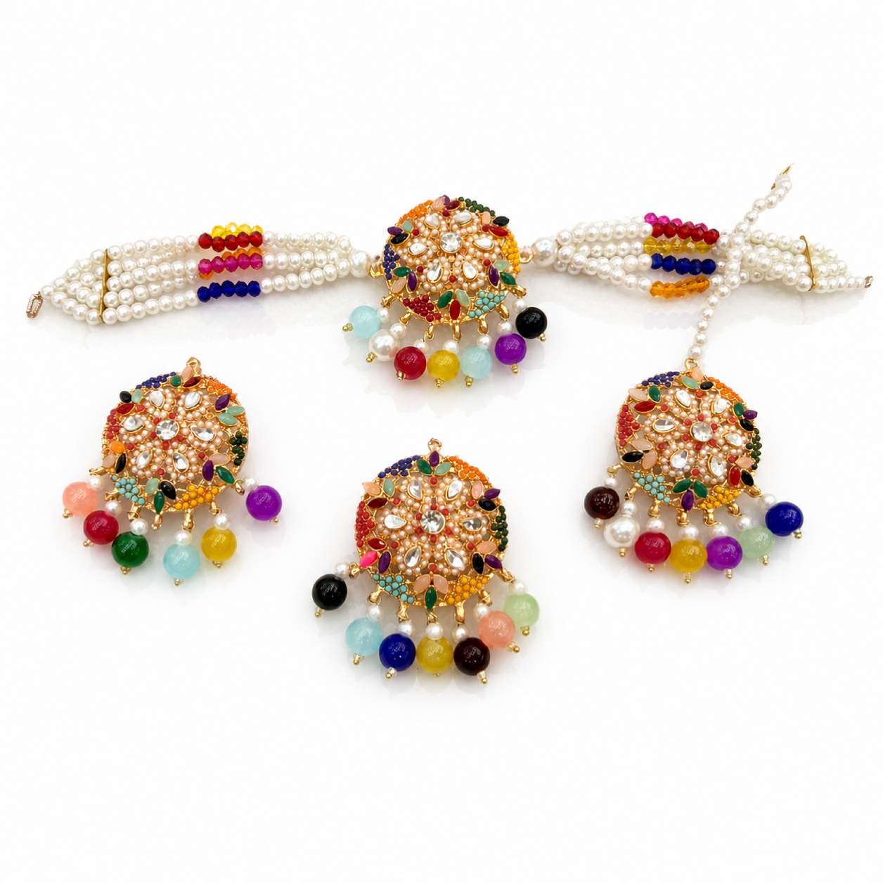 Silver Crystal Kundan Dome Jhumka Choker Bracelet and Maang Tikka Set - rhodium silver dome with clear crystal bead choker