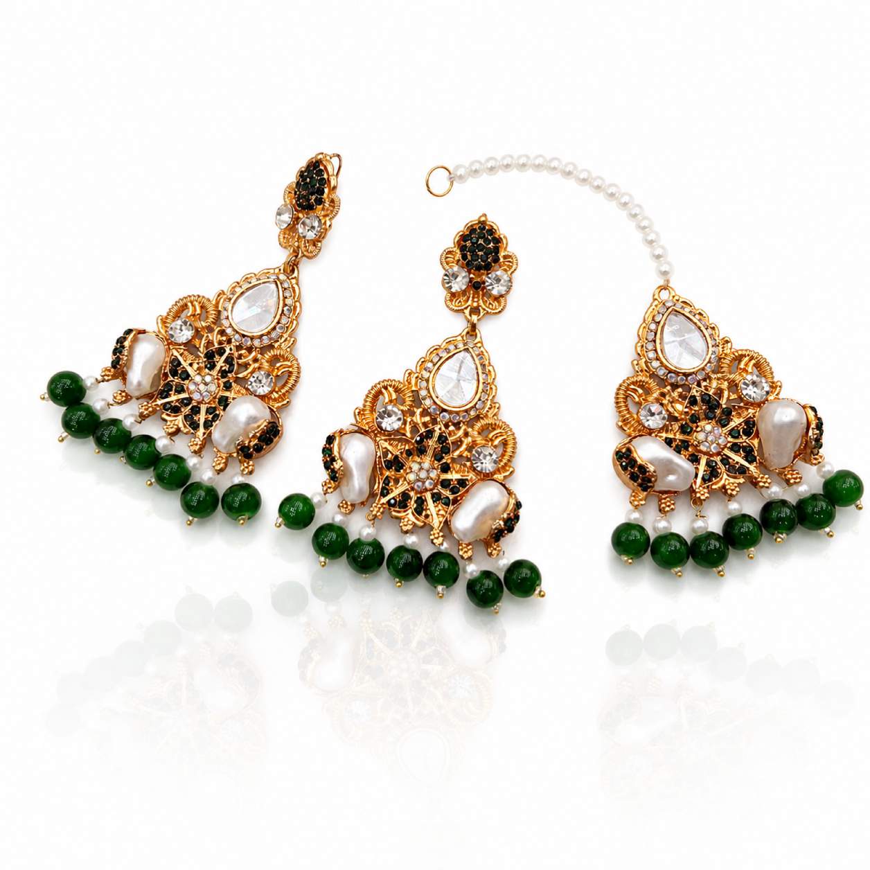 Pearl White Kundan Pearl Chandbali Earring and Maang Tikka Set - all-white baroque pearl fringe with smoky grey rhinestones