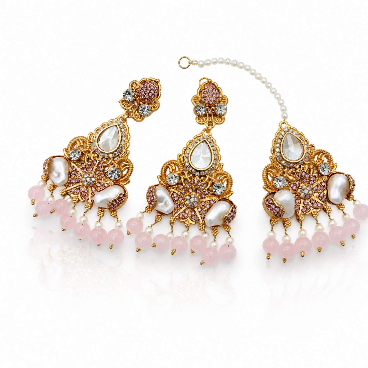 Navy Blue Kundan Pearl Chandbali Earring and Maang Tikka Set - navy faceted crystal bead fringe with navy rhinestones