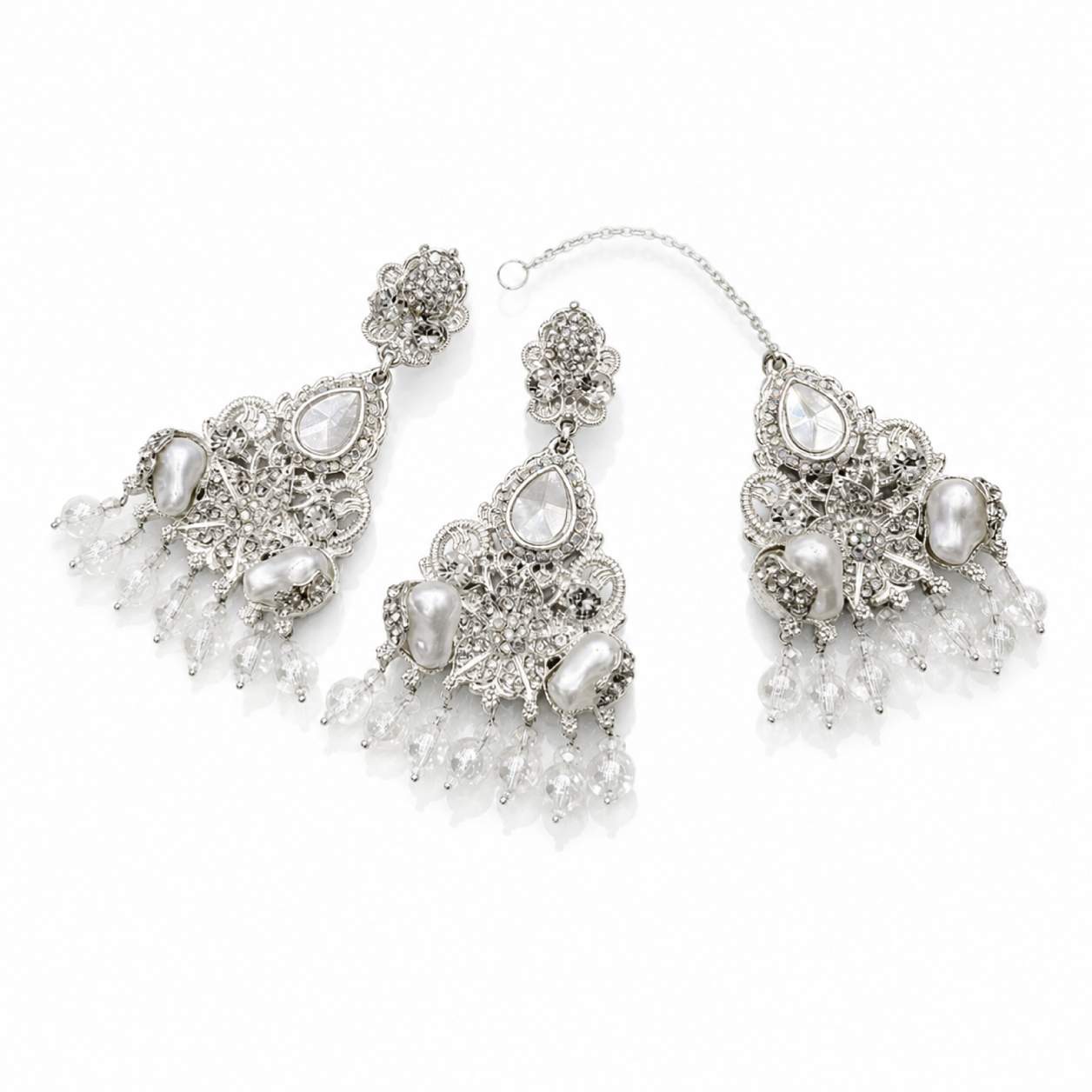 Peach Coral Kundan Pearl Chandbali Earring and Maang Tikka Set - soft peach matte bead fringe with warm gold disc