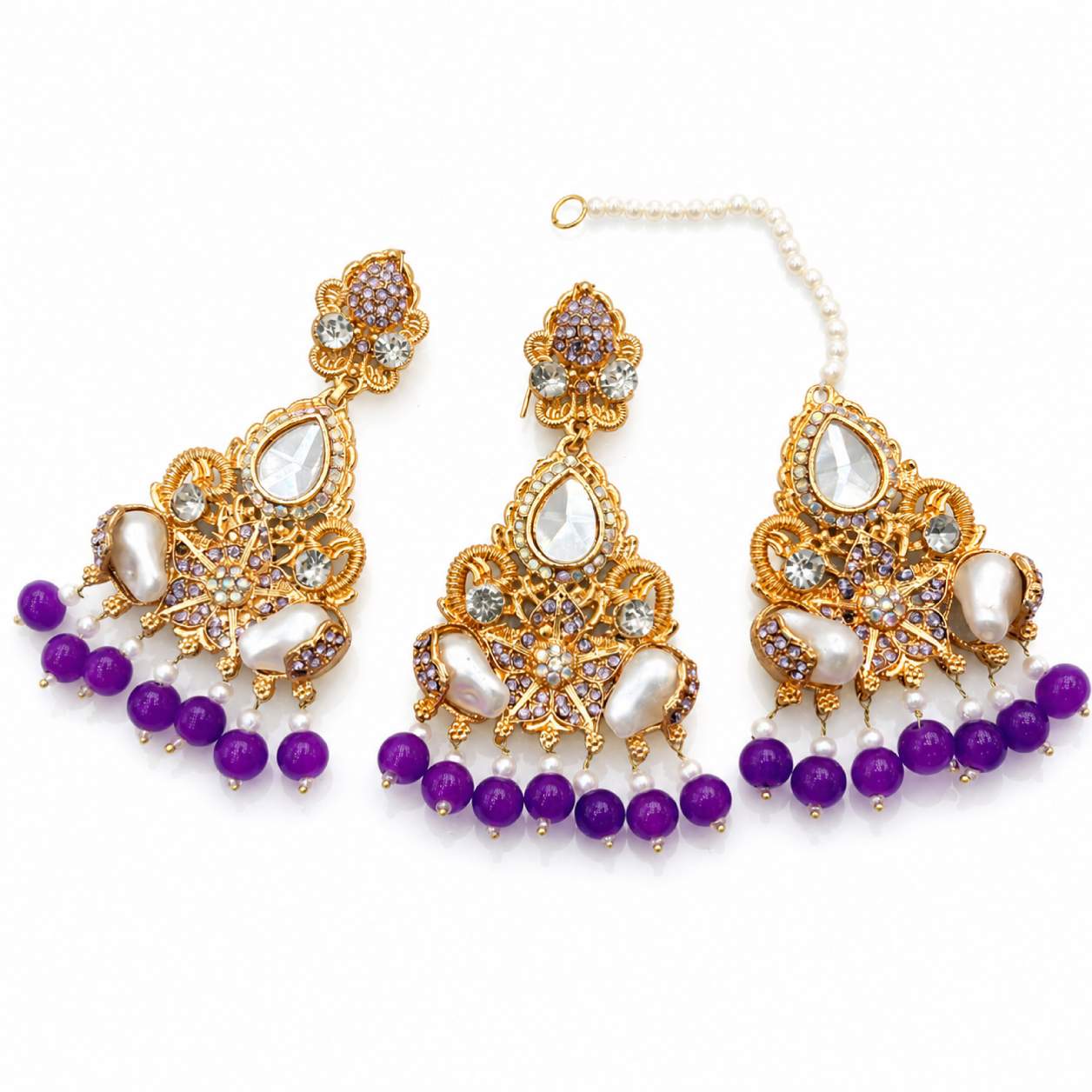 Champagne Gold Kundan Pearl Chandbali Earring and Maang Tikka Set - champagne crystal bead fringe with golden rhinestones