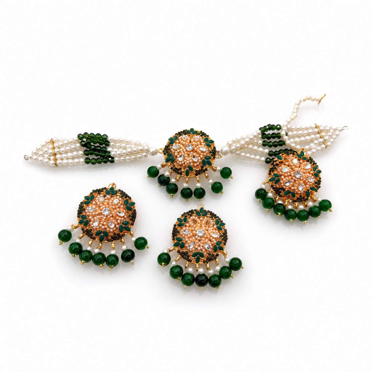 Peach Coral Kundan Dome Jhumka Choker Bracelet and Maang Tikka Set - peach meenakari dome with pearl and peach bead choker