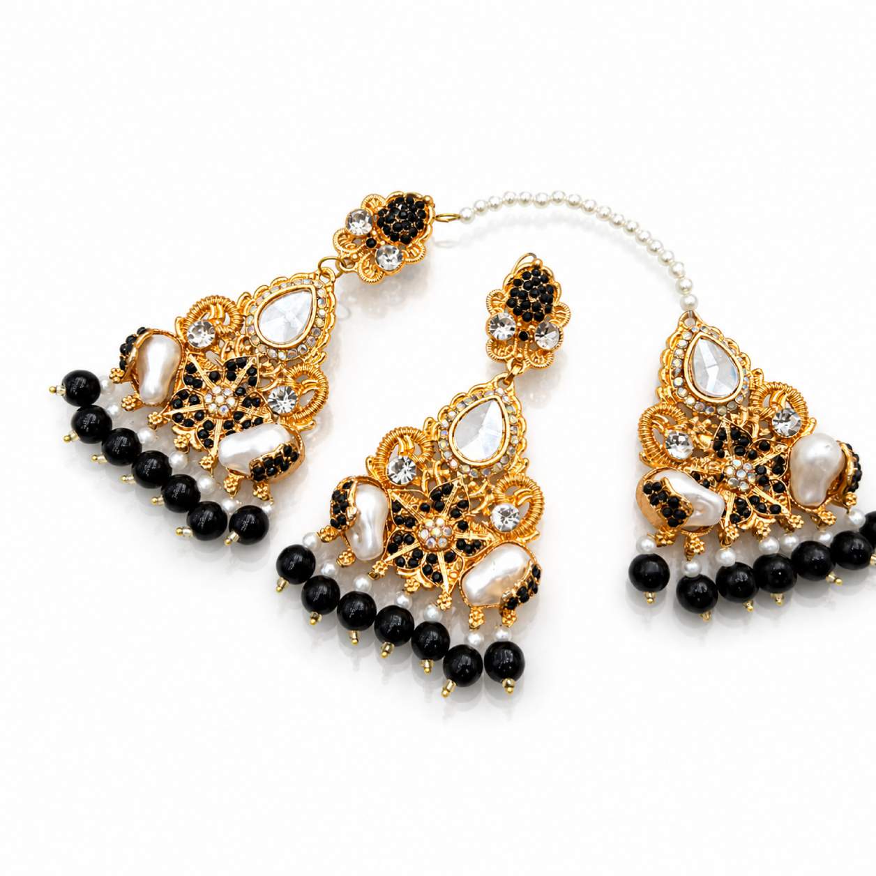 Dark Green Kundan Pearl Chandbali Earring and Maang Tikka Set - emerald green bead fringe with black rhinestone accents