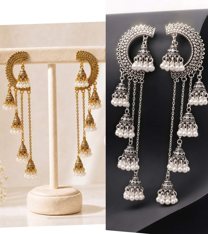 Chand Bali Multi-Jhumka Cascade Earrings – Silver & Gold